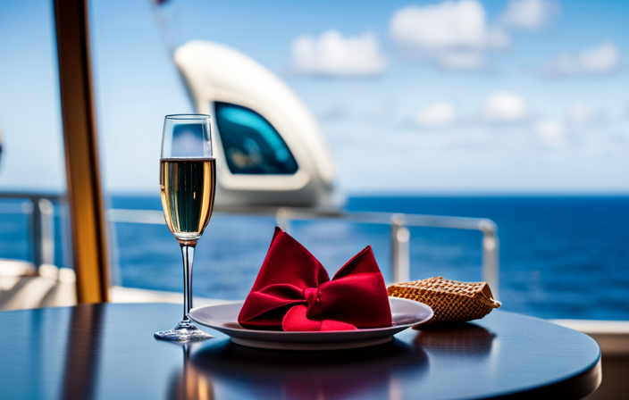 An image showcasing a luxurious suite on a Carnival cruise ship, adorned with plush bedding, elegant decor, a private balcony overlooking the deep blue sea, and a bottle of champagne chilling on a polished table