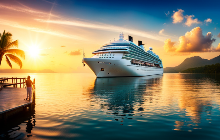 An image showcasing a vibrant cruise ship anchored near a tropical island, with passengers engaging in thrilling activities like snorkeling, kayaking, and exploring lush rainforests