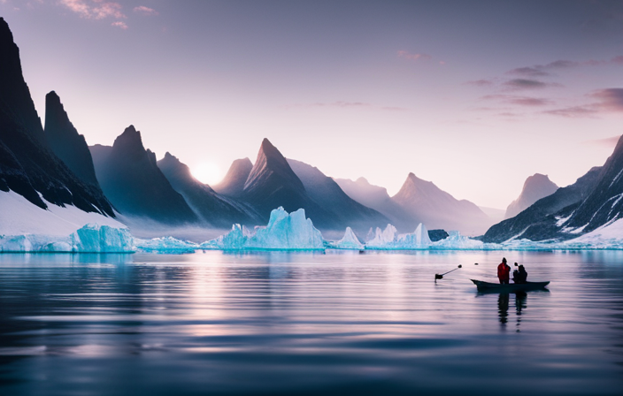 An image showcasing a rugged and remote landscape, with a small expedition ship surrounded by icebergs and mountains