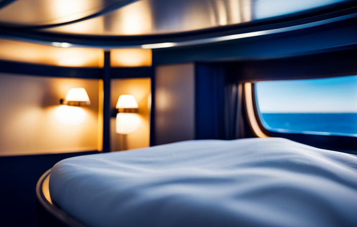 An image capturing the perspective of a cozy upper berth on a cruise ship, adorned with crisp white sheets, fluffy pillows, and a small porthole window overlooking the endless blue ocean