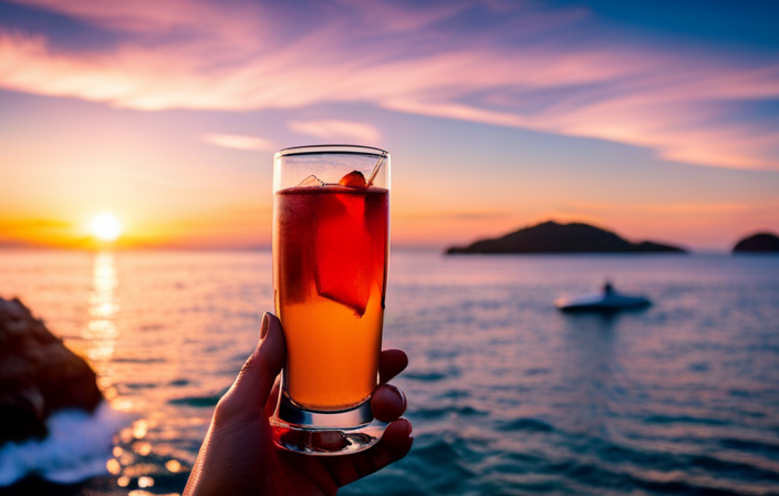 An image showcasing a vibrant sunset over calm waters, where a luxurious yacht is elegantly cruising