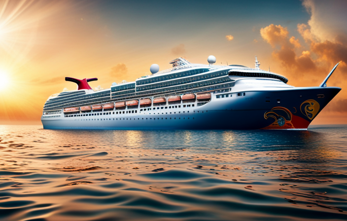 An image showcasing a vibrant Carnival Cruise ship adorned with colorful banners, where joyful passengers indulge in a bottomless stream of effervescent bubbles, their glasses overflowing with fizzy drinks of various flavors and hues