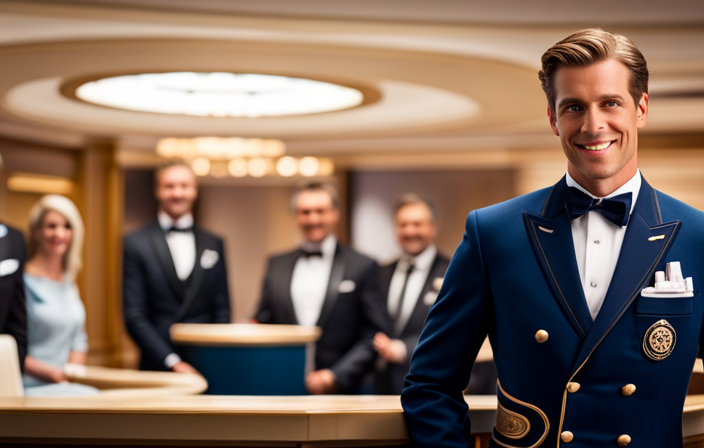 An image showcasing a Disney Cruise concierge, with a cheerful family being warmly welcomed by an impeccably dressed cast member