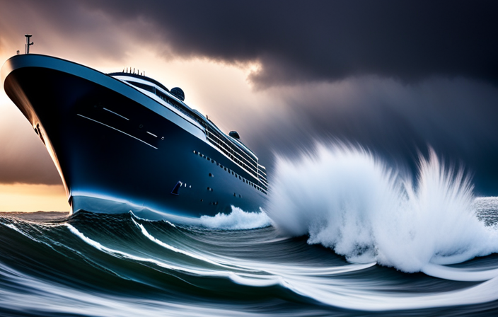 An image capturing the sheer power of a cruise ship battling against towering, storm-tossed waves, with dark, tumultuous clouds looming overhead, and white-crested swells crashing against the ship's hull, showcasing the intensity of rough seas
