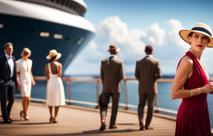 An image showcasing an elegant cruise ship deck with guests wearing chic attire