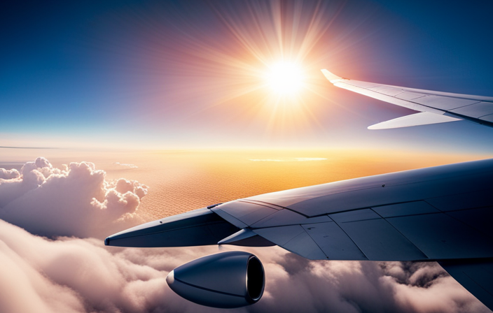 An image capturing the breathtaking view from the cockpit window at cruise altitude: a vast expanse of clear blue skies, wispy white clouds stretching out below, with the airplane's wing elegantly slicing through the air