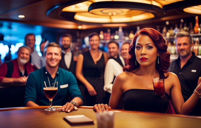 An image showcasing a vibrant and bustling cruise ship bar on Carnival, filled with cheerful passengers, bartenders crafting colorful cocktails, and shelves adorned with an array of enticing beverage options