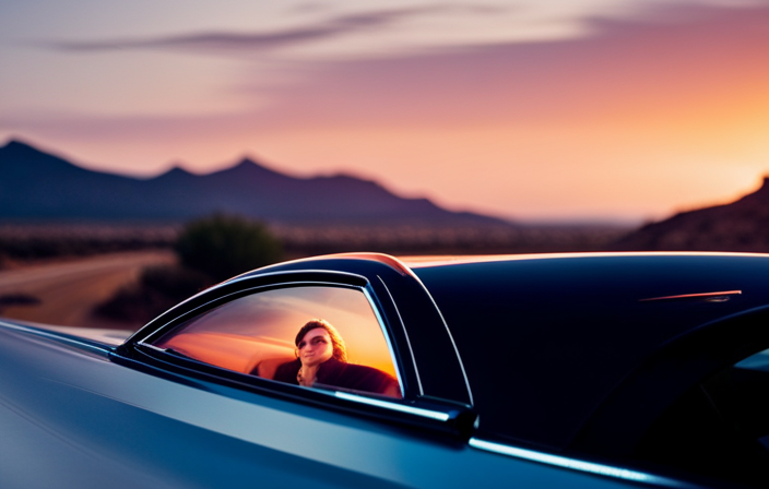 An image capturing the essence of "cruise on a car": a sleek, modern vehicle gliding effortlessly along an open highway, the wind gently caressing the driver's hair, as the sun sets in a fiery blaze of orange and pink hues