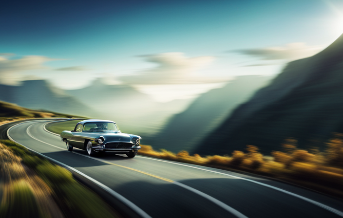 An image showcasing a sleek car driving on a long, winding road