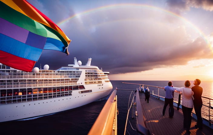 An image showcasing a lively cruise ship deck at sunset, adorned with rainbow flags fluttering in the breeze, while passengers mingle with joy and camaraderie, radiating warmth and acceptance