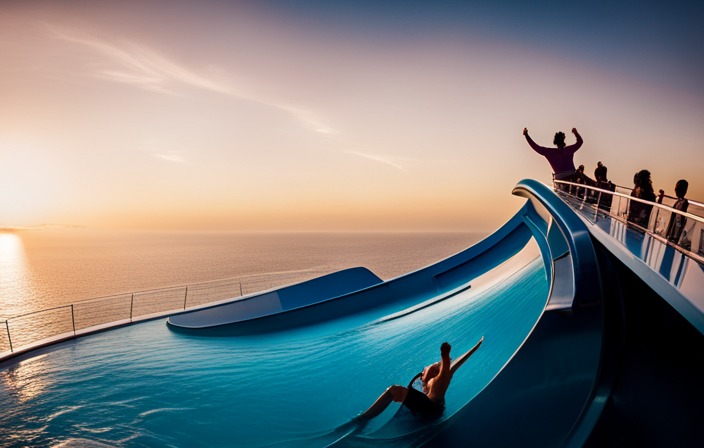 An image showcasing a vibrant aqua-blue water slide curving elegantly from the top deck of a majestic cruise ship, with exhilarated passengers sliding down, their faces beaming with joy and their arms raised high in excitement