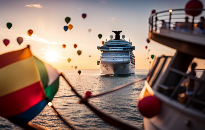 An image that showcases a vibrant carnival cruise ship setting sail, adorned with colorful flags and balloons, while passengers enthusiastically engage in various recreational activities like mini-golf, water slides, and arcade games