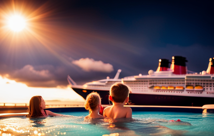 An image showcasing the enchanting ambiance on a Disney Cruise: a family joyfully splashing in the onboard pool, surrounded by iconic Disney characters, glowing lights, and the majestic ship's silhouette against a breathtaking sunset backdrop