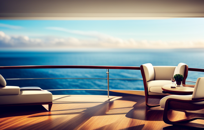 An image showcasing a luxurious cruise ship balcony, complete with comfortable lounge chairs, a stunning view of the vast ocean, and a private dining area for guests to enjoy an unforgettable vacation experience