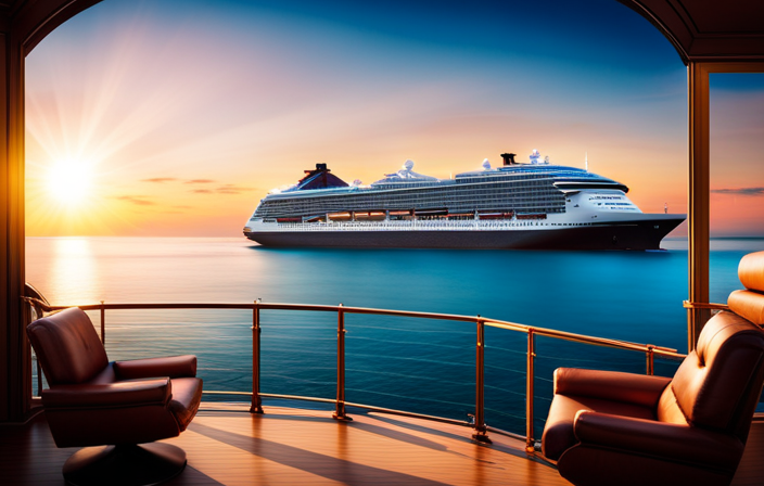 An image showcasing a luxurious ocean liner adorned with elegant decorations, featuring spacious cabins with plush furnishings and panoramic windows, multiple swimming pools and Jacuzzis, a grand theater, gourmet restaurants, a tranquil spa, and exciting shore excursions