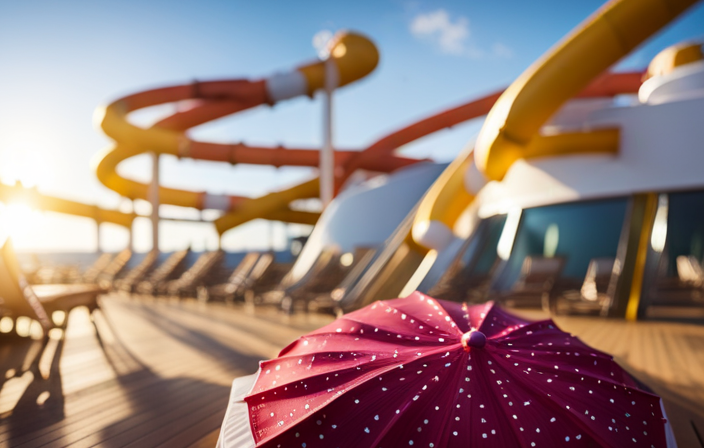 An image showcasing the vibrant outdoor deck of a Carnival Cruise ship, adorned with inviting sun loungers, a sparkling swimming pool, towering water slides, and colorful umbrellas, displaying the epitome of relaxation and endless fun