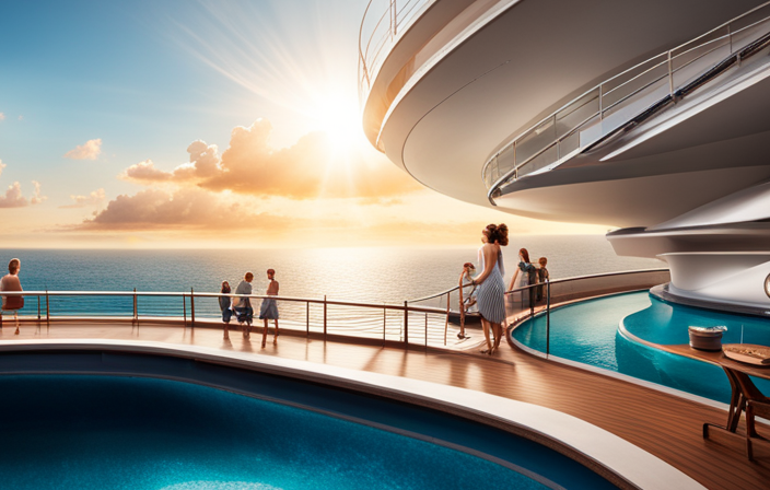 An image showcasing the grandeur of a Disney Cruise ship, featuring a sparkling aqua-colored pool deck adorned with whimsical character-themed water slides, luxurious loungers, and families basking in the sun, enjoying a magical day at sea