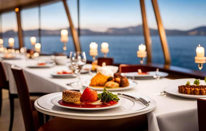 An image showcasing a grand dining hall on a Royal Caribbean cruise ship, adorned with elegant chandeliers, white tablecloths, and a variety of delectable dishes, inviting readers to explore the culinary delights onboard