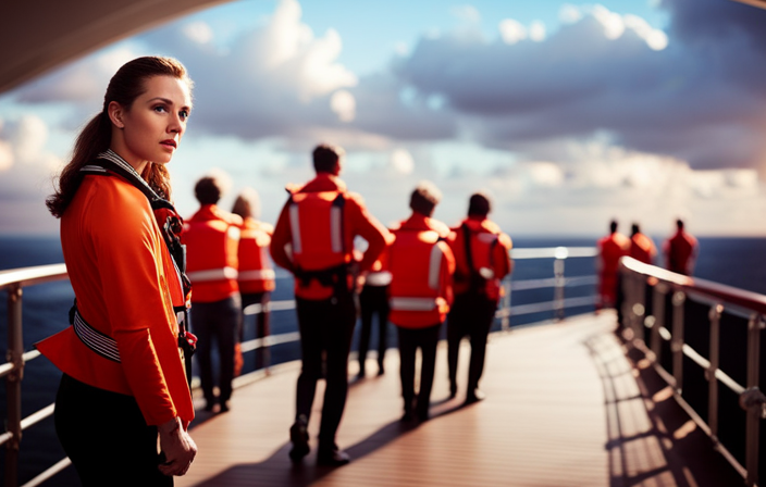 An image showcasing a vibrant cruise ship deck, filled with passengers wearing life jackets and assembling at designated muster stations, while crew members guide and demonstrate the emergency procedures