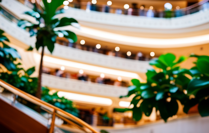 the vibrant heart of a cruise ship: a soaring atrium adorned with shimmering crystal chandeliers, cascading water features, lush greenery, and elegant spiral staircases, inviting guests into a world of luxury and enchantment