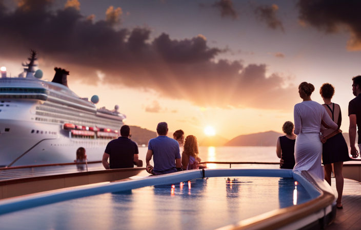 An image showcasing a diverse range of passengers on different cruise ships: a family with children laughing on a water slide, a group of retirees playing shuffleboard, and young couples enjoying a sunset dinner