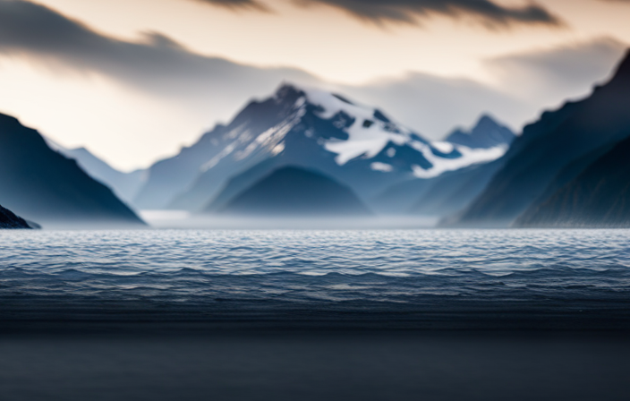 An image capturing the majestic sight of a massive glacier, framed by snow-capped mountains, as a cruise ship glides through the pristine waters of Alaska