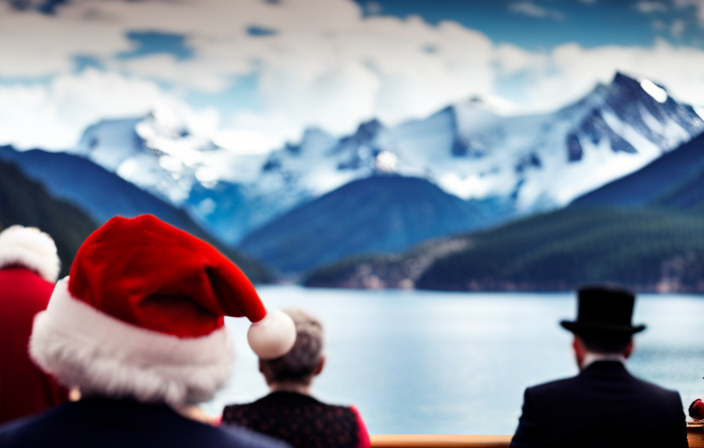 An image showcasing a luxurious cruise ship decked out in festive decorations, with passengers enjoying a picturesque view of snow-capped mountains and sparkling blue waters, evoking the magic of a perfect Christmas voyage