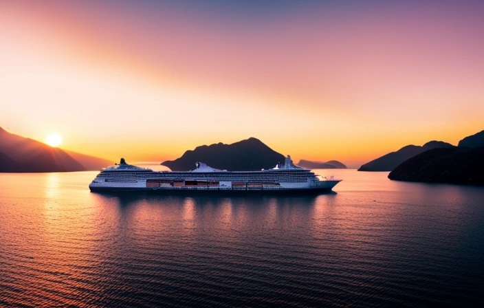An image showcasing a luxurious cruise ship gliding through the emerald waters of South America, passing by towering mountains, lush rainforests, and ancient ruins, all under a breathtaking sunset sky