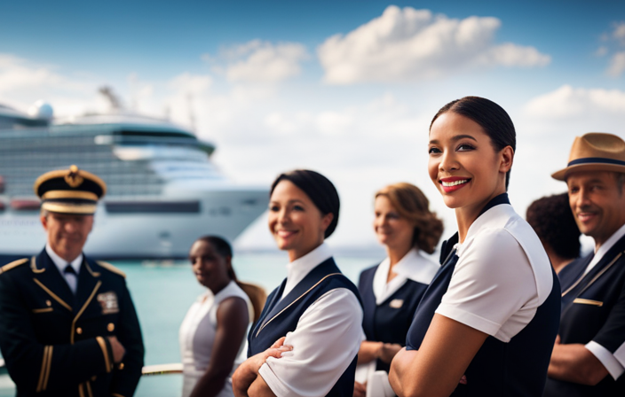 An image of a diverse group of crew members dressed in crisp uniforms, smiling and engaging with passengers against the backdrop of a luxurious cruise ship, showcasing impeccable service, vibrant atmosphere, and unparalleled hospitality