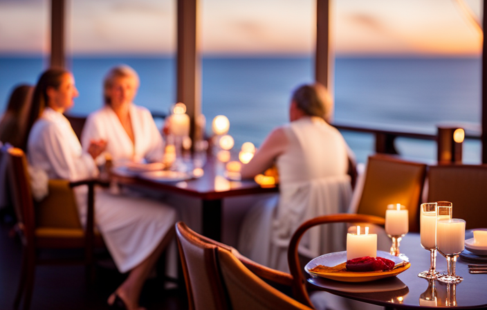 An image that captures the serene ambiance of a Carnival Cruise dining room at sunset, with elegant tables adorned in white linens, softly lit with warm candlelight, as guests savor delectable cuisine amidst breathtaking ocean views
