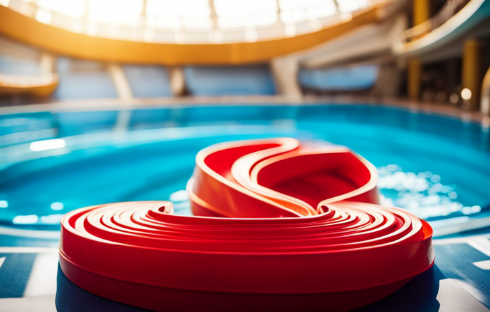An image showcasing a vibrant, multi-level water slide with twisting tubes, surrounded by a sparkling pool, on a state-of-the-art Disney cruise ship