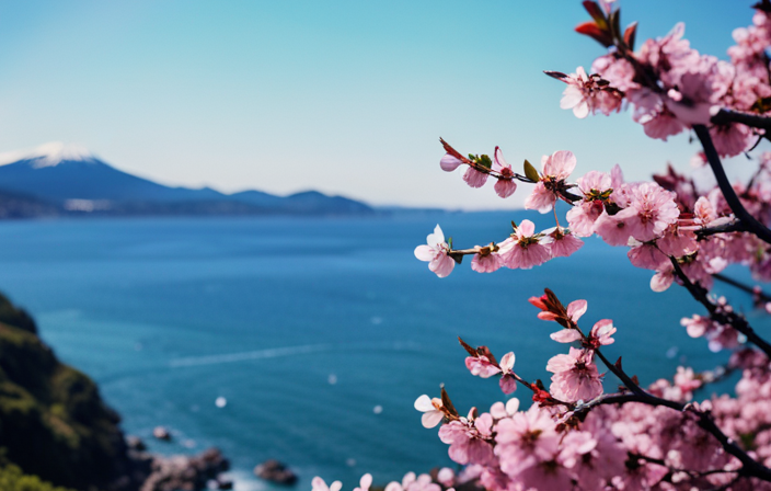An image showcasing a serene coastal landscape in Japan, with cherry blossom trees in full bloom, a cruise ship gracefully sailing in crystal-clear waters, and a clear blue sky, highlighting the beauty of cruising in Japan during April