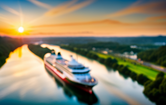 An image showcasing a vivid sunset over the Panama Canal, with a luxurious cruise ship passing through the iconic locks, surrounded by lush greenery and blooming flowers, capturing the perfect atmosphere for a memorable cruise