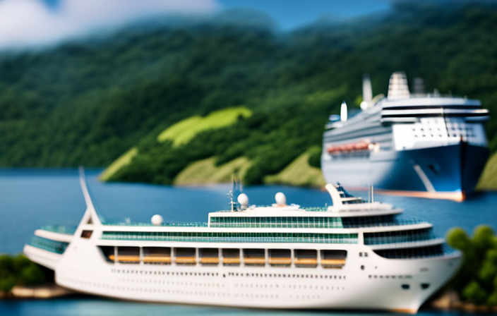 Nt image showcasing a majestic cruise ship gliding through the Panama Canal, surrounded by lush tropical foliage and framed by a clear blue sky
