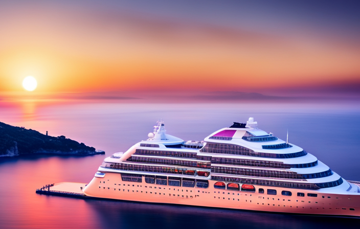 An image showcasing a serene Mediterranean sea with a luxurious cruise ship sailing under a soothing sunset sky, adorned with vibrant hues of orange, pink, and purple