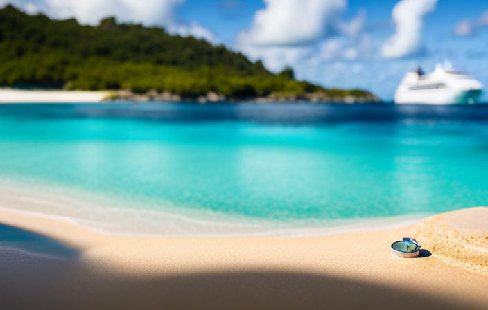 An image showcasing the vibrant hues of Bermuda's crystal-clear turquoise waters, surrounded by a serene white sandy beach, with a cruise ship majestically sailing towards the island under a clear blue sky