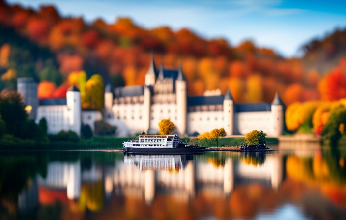 An image showcasing a serene European river cruise scene, with a charming riverboat gliding through crystal blue waters, surrounded by vibrant autumn foliage, picturesque medieval castles, and quaint riverside villages