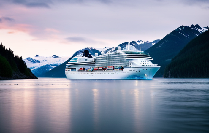 An image showcasing the awe-inspiring Norwegian Cruise Ship sailing through Alaska's pristine icy waters, surrounded by towering snow-capped mountains, colossal glaciers, and playful orcas breaching in the distance