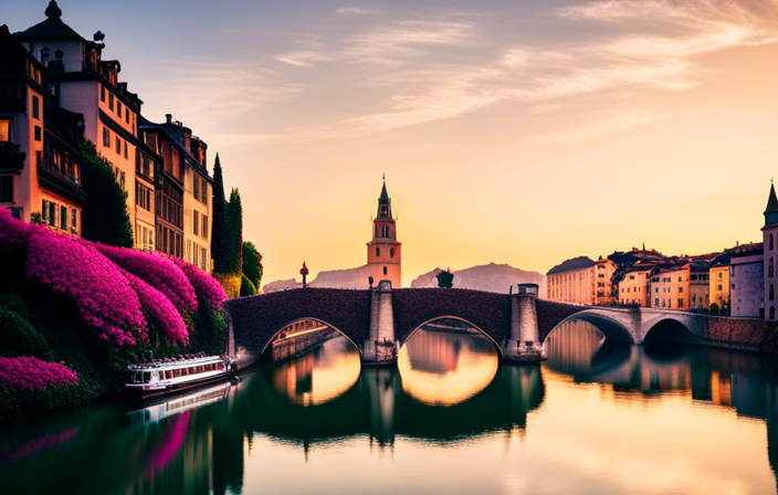 An image showcasing a luxurious river cruise in Europe, with a grand ship gliding along shimmering waters under a picturesque stone bridge, surrounded by charming old-world architecture and colorful blooms lining the riverbanks