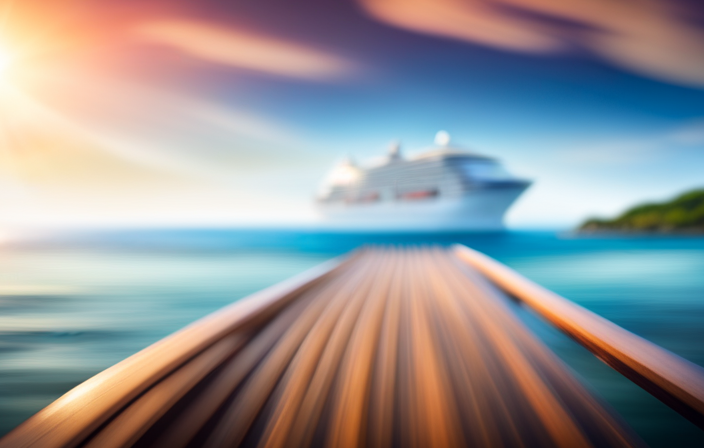 An image showcasing a serene, sun-kissed seascape with a vibrant, budget-friendly cruise ship anchored amidst crystal-clear waters