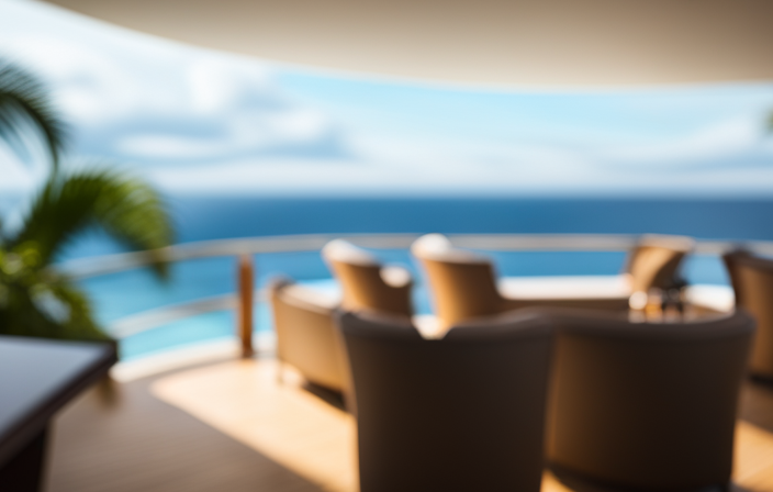 An image capturing the elegant allure of a cruise ship with a panoramic view of its expansive veranda, adorned with comfortable loungers, lush greenery, and a balcony featuring chic bistro-style seating, offering a serene ocean backdrop