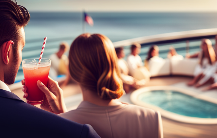 An image showcasing a vibrant poolside scene on a Carnival Cruise ship, with young adults enjoying refreshing beverages, while a subtle, age-restricted sign is displayed discreetly nearby