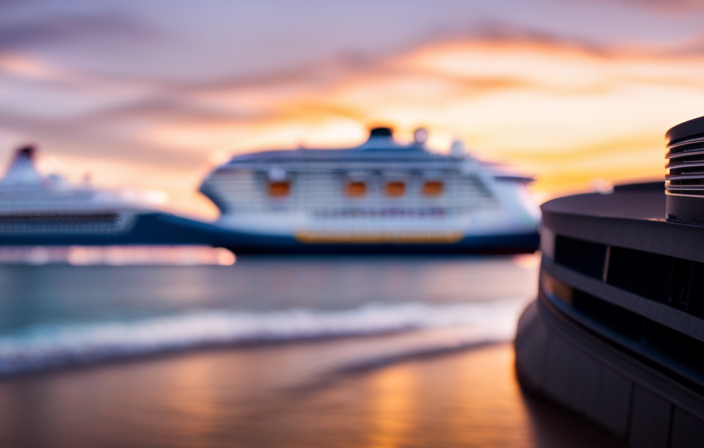 An image showcasing a serene sunrise on the horizon, with a majestic Disney cruise ship docked at the port, capturing the anticipation and excitement of passengers ready to embark on their magical adventure