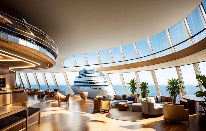 An image showcasing the awe-inspiring scale of the largest Norwegian Cruise Ship, with its towering decks adorned in vibrant colors, a multitude of sun-soaked swimming pools, and a grand central atrium bustling with passengers indulging in luxurious amenities