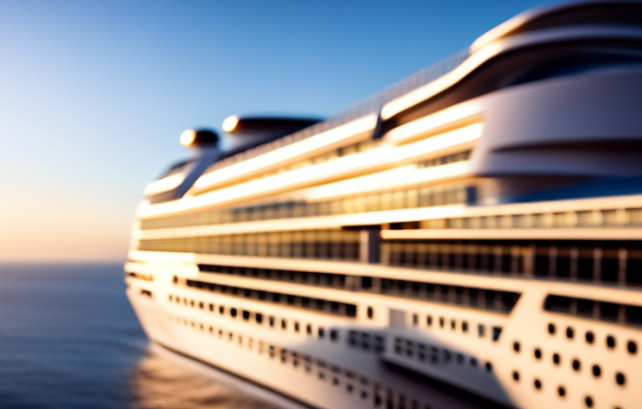 An image showcasing the grandeur of the latest Princess Cruise ship, adorned with sleek lines and a towering multi-level atrium, surrounded by expansive glass windows overlooking the vast ocean