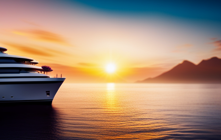 An image that showcases a luxurious cruise ship sailing gracefully on crystal-clear turquoise waters, surrounded by breathtaking tropical islands, adorned with vibrant palm trees, and a radiant sunset casting a golden glow over the horizon