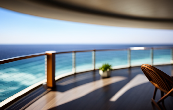An image showcasing the expansive promenade deck on a luxurious cruise ship, adorned with sleek glass railings, comfortable lounge chairs, and panoramic ocean views