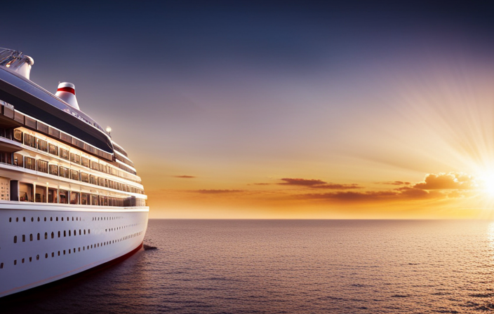 An image showcasing the starboard side of a majestic cruise ship basking in the golden sunlight, with gleaming white hull, rows of portholes, and a charming promenade adorned with vibrant lifeboats and elegantly furnished balconies