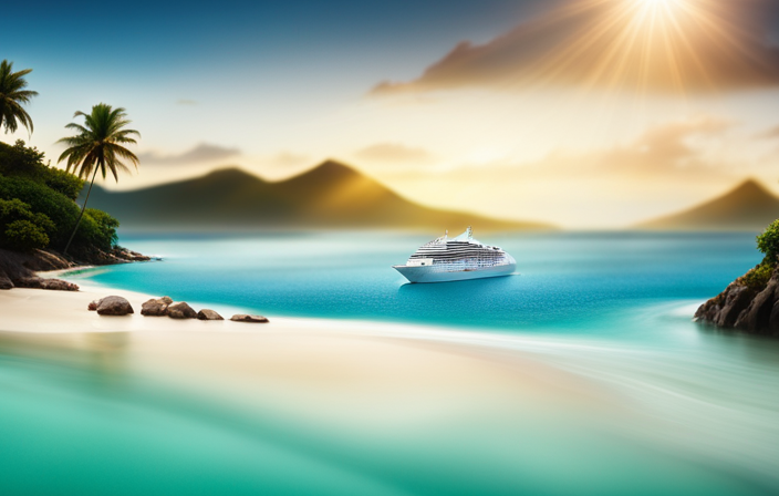 An image showcasing a luxurious cruise ship sailing amidst crystal-clear turquoise waters, framed by breathtaking tropical islands
