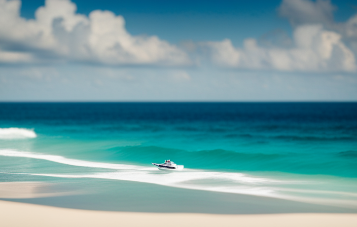 An image showcasing a serene turquoise ocean, with a tiny cruise ship gracefully gliding through the waves